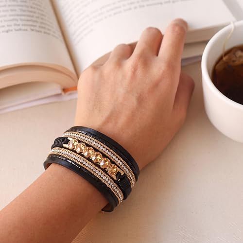 Edoneery Leather Wrap Bracelets for Women, Boho Layered Cuff Bangle | Multi-layer Leather Cuff, Daily wear, Stackable Bangle, Easy on-off, Western Jewelry Gifts for Women - color: Black-7