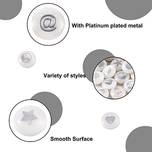 Craftdady 60Pcs Natural Shell Beads 8mm Flat Round with Brass Patterns Freshwater Shell Summer Beads with Turtle Butterfly Heart Owl for Ocean Beach Crafts Jewelry Making - color: Platinum 15 Patterns