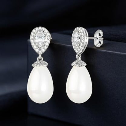 Teardrop Austrian Crystal & Pearl Drop Earrings,14K Gold Plated Elegant Dangle Earrings for Women, Bridal Wedding Jewelry Gift - color: Silver/Post