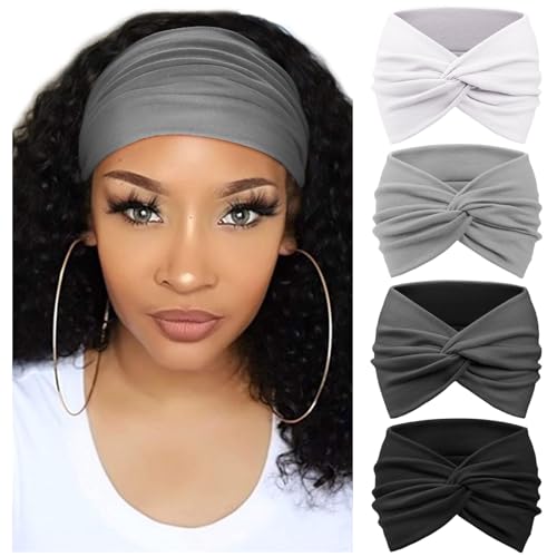 DRESHOW 4 Pack Turban Headbands for Women Wide Vintage Head Wraps Knotted Cute Hair Band Accessories - color: 4 Pcs: Black/Dark Grey/White/Grey