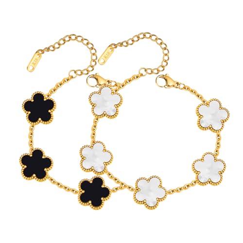 Women Gold Bracelets Jewelry Set - 3Pcs 18K Gold Plated Floral Bracelet,Stainless Steel Charm Bracelet Non-Tarnish,Adjustable Lucky Chain Trendy Gift,Christmas Valentines Birthday Gifts for Girlfriend - style: White&Black