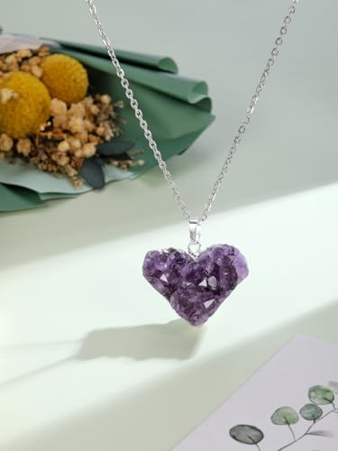 Jovivi Natural Amethyst Cluster Crystal Necklace for Women Men,Irregular Raw Rough Amethyst Quartz Stone Pendant Necklace Jewelry for Spiritual Reiki Healing,Beauty, Love and Positive Energy - color: Silver Plated - Heart Crystal