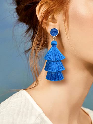 Me&Hz Colorful Layered Tassel Earrings Bohemian Statement Tiered Tassel Big Dangle Drop Earrings for Women Druzy Studs Valentine’s Day Gift - color: Blue