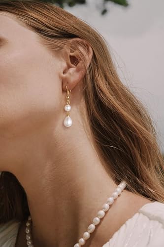 Freekiss Pearl Earrings for Women Trendy: Flat Back Stud Earrings 14K Gold Plated/925 Sterling Silver Freshwater Pearl Dangle Earrings Cute Bow Earrings Wedding Jewelry Birthday Gifts for Women Girls - style: double pearl drop earrings