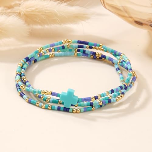 Christian Cross Christmas Stackable Seed Beaded Bracelets for Women, Boho Colorful Healing Stretch Accessories God Christ Pray Faith Amulet Jewelry, Daily Party Holiday Friendship Gift - color: Blue