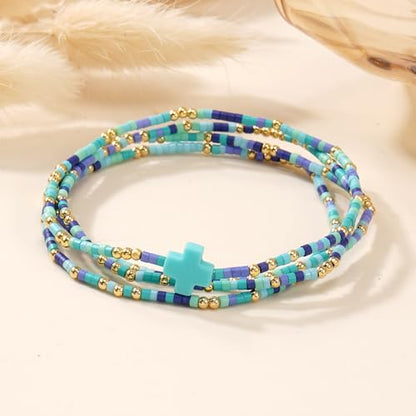 Christian Cross Christmas Stackable Seed Beaded Bracelets for Women, Boho Colorful Healing Stretch Accessories God Christ Pray Faith Amulet Jewelry, Daily Party Holiday Friendship Gift - color: Blue