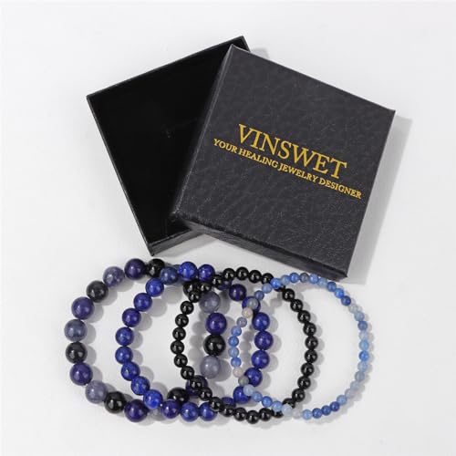 Vinswet 4pcs Beaded Bracelets for Women,Natural Healing Crystal Gemstones Bracelet,Anxiety Stress Relief Bracelet Handmade purple Jewelry Gifts for Women - color: Blue Aventurine&Black Obsidian&lapis lazuli