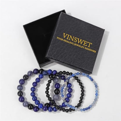 Vinswet 4pcs Beaded Bracelets for Women,Natural Healing Crystal Gemstones Bracelet,Anxiety Stress Relief Bracelet Handmade purple Jewelry Gifts for Women - color: Blue Aventurine&Black Obsidian&lapis lazuli