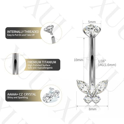 XUU Titanium Belly Button Rings 14G, Implant-Grade Navel Piercing, Luxury CZ Shape with Flower Butterfly, Hypoallergenic Curved Barbell Jewelry for Women, Gold or Silver - style: Butterfly-Silver