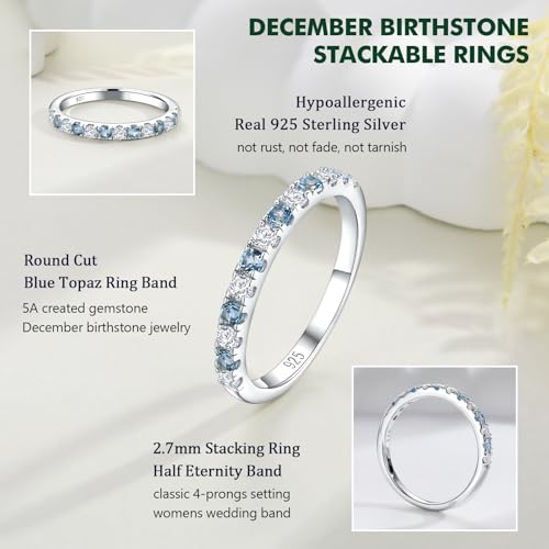 Birthstone Rings Eternity Band 925 Sterling Silver/Yellow Gold-Plated Created Gemstone Stackable Wedding Band 2.7mm Thin Half Eternity Rings for Women Size 6 to 10 - color: 12-Blue Topaz-Dec.