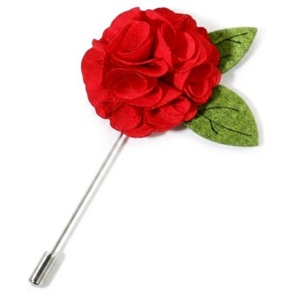 Gentleman's Essentials Premium Handmade Flower Lapel Pin Boutonniere - color: Crimson Red Camellia [Green Leaf]