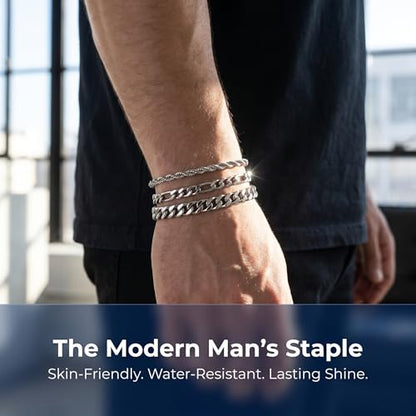 6 Pcs Silver/Gold Bracelets for Men, Cuban Link Chain Stainless Steel Bracelet Stack Metal Figaro Rope Black Bracelet Set Mens Fashion Accessories Jewelry Set for Men Dad Husband Son 7.5/8.3/9 Inches - size: 8.3 in-Men Medium Women Large