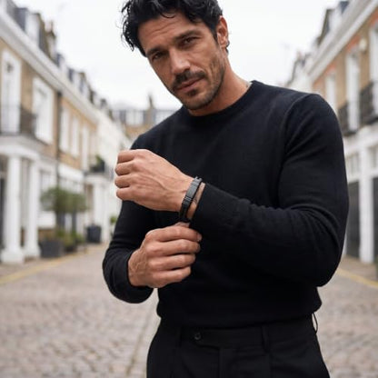Forge & Foundry Men's Adjustable Black Leather Bracelet | Genuine Woven Leather with Snap Clasp | Design-Led, Artisan Jewelry from London [Navarro] - color: Black - Double Strand, size: Medium