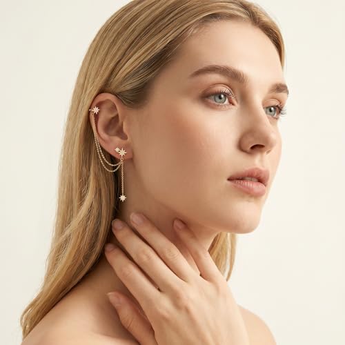 SLUYNZ 925 Sterling Silver Fashion Star Cuff Earring Chain for Women Star Crawler Earring Wrap Earrings - color: Pair-D-Yellow