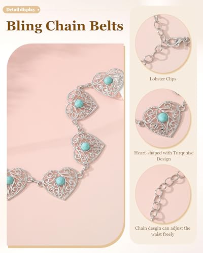 WELROG Metal Waist Chain Belt for Women - Pearls Gold Silver Chain Belts for Dresses Jeans - color: Heart-shaped turquoise (silver)