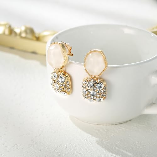 Gorgeous Shiny Rhinestones Square Irregular Stone Dangle Earrings for Women Bride Bridesmaid Party Prom Jewelry Accessories - style: Gold-Tone Clip