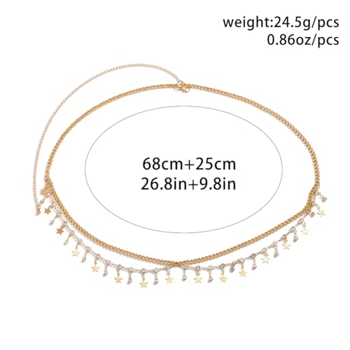 Gold Belly Chain Rhinestone Body Jewelry Chain Plated Waist Chains Layered Body Waist Summer Beach Bikini Jewelry for Women - style: star-gold