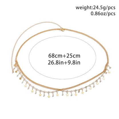 Gold Belly Chain Rhinestone Body Jewelry Chain Plated Waist Chains Layered Body Waist Summer Beach Bikini Jewelry for Women - style: star-gold