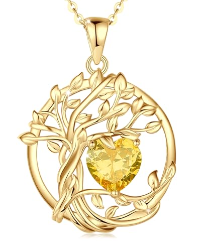 FANCIME Tree of life Birthstone necklace Sterling Silver Pendant Birthstone Necklace Gemstone Anniversary Birthday Jewelry Mothers Day Gifts for Mom Her Wife - color: Yellow gold-11-citrine