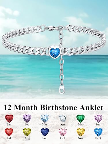 ChainsHouse Cuban Chain Anklets for Women with Heart Birthstone Jan - Dec | Stainless Steel Black Link Chain Ankle Bracelet with Birthstone, Beach Women Anklet 22cm-27cm Adjustable, with Gift Box - color: 12. Dec.-Tanzantite-Steel