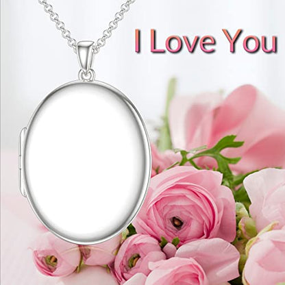 SOULMEET 10K 14K 18K Solid White Gold/Silver Minimalist Style/Infinity Sunflower Heart/Oval Locket Necklace That Holds 1 or 2 Pictures Personalized Photo Locket Necklace Letters Engraving - style: E2-White gold oval locket only