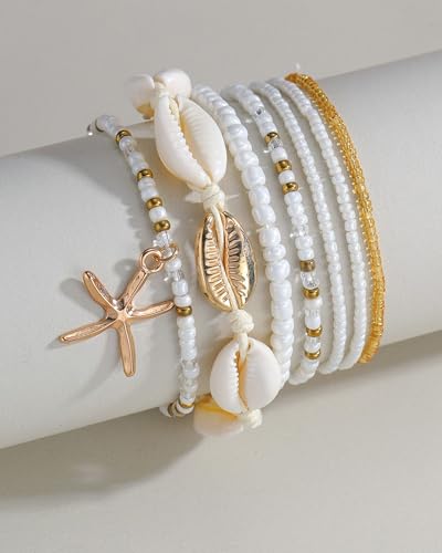 Shell Bracelets for Women Layered Seashell Starfish Bracelets Stackable Stretch Boho Beaded Bracelet Summer Beach Surfer Bracelet Seaside Beach Dress Outfits Accessories - color: A3:shell bracelets