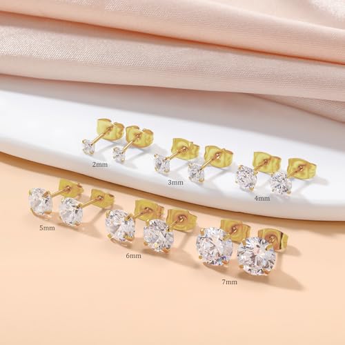 6 Pairs Stud Earrings for Women, 14K Gold Plated Hypoallergenic 316L Surgical Stainless Steel Earrings Studs Sets Cubic Zirconia Cartilage Earrings - color: Gold- 6 Pairs- 2 3 4 5 6 7mm