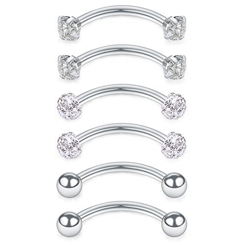 SCERRING 16 Gauge 10mm Curved Barbell Eyebrow Belly Lip Tragus Ring Piercing Jewelry - color: 6PCS - Silver