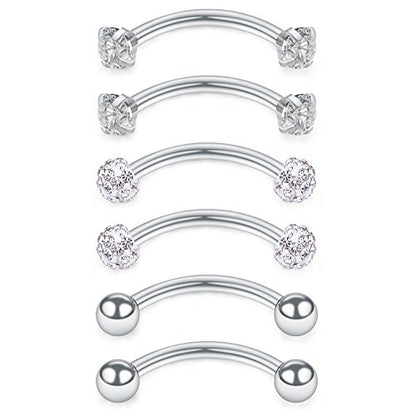 SCERRING 16 Gauge 10mm Curved Barbell Eyebrow Belly Lip Tragus Ring Piercing Jewelry - color: 6PCS - Silver