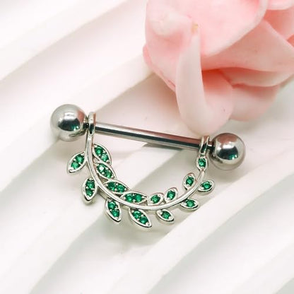 2pcs 14G Nipple Rings Flower Nipple Bars Surgial Steel 316L Nipple Piercing Jewelry Heart Nipple Barbell for Women - color: green leaf