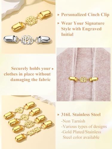 Custom4U Personalized Sweater Clips for Cardigans, Custom Name Initials Cinch Clip, Stainless Steel Dress Clips Back Cinch Shirt Clips for Women Clothing, Shawl Dress Shirts Cincher Small Brooch Jewelry Gifts - color: Gold Color-Monogram