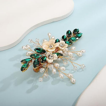 Xerling Green Rhinestones Crystal Flower Hair Barrettes Clip Boho Bridal Pearl Hair Jewelry Accessories for Women Wedding Floral Headpieces (Green) - color: Green