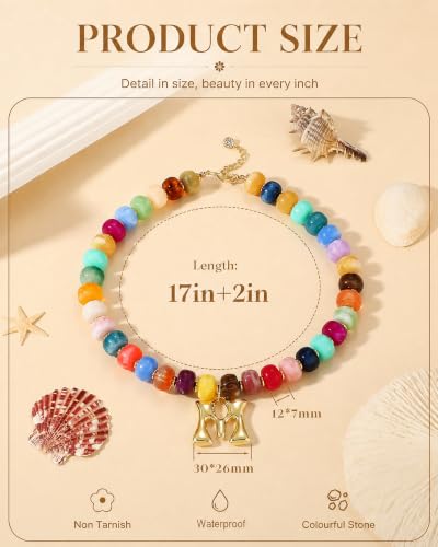 Colorful Chunky Beaded Necklaces for Women Bubble Letter Initial Choker | Boho Statement Bead Necklace, Personalized Rainbow Gemstone Necklaces, Baublebar Gold Necklace Stack, Summer Beach Jewelry - color: Initial Q