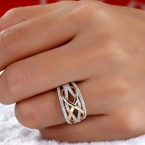 PAVOOI 14K Gold Plated X Ring Simulated Diamond CZ Criss Cross Ring for Women Juude Jewelers Silver Rose Gold Braided Wrap Knot Style Promise Statement Cocktail Party Ring(Silver Gold-US Code-6) - color: Silver Gold, size: (US Code-6)