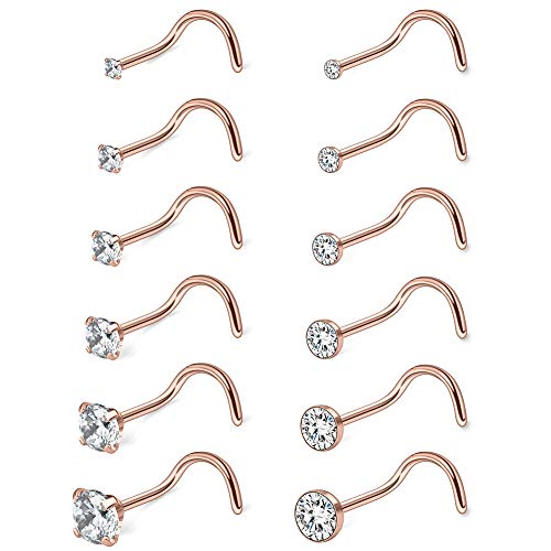 18G 1.5mm 2mm 2.5mm 3mm 3.5mm 4mm Round Diamond CZ Nose Screw Studs Rings Piercing Jewelry 4-12PCS - color: 12PCS - Rose Gold
