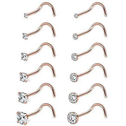 18G 1.5mm 2mm 2.5mm 3mm 3.5mm 4mm Round Diamond CZ Nose Screw Studs Rings Piercing Jewelry 4-12PCS - color: 12PCS - Rose Gold