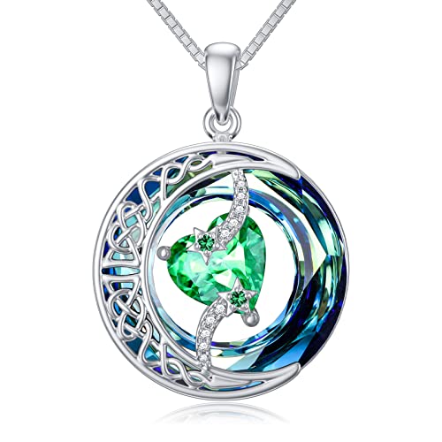 TOUPOP Birthstone Necklace Women Sterling Silver Moon Star Birthday Jewelry | Celtic Moon Pendant with Blue Crystal Anniversary Christmas Jewelry Gifts for Wife Mom Her - color: A-05-Emerald