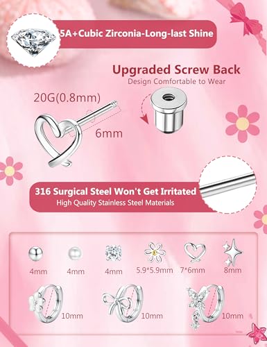 ORAZIO Hypoallergenic Earrings for Girls Women Kids Surgical Stainless Steel Screw Back Bow Heart Flower Stud Hoop Toddler Kids Earrings for Girls Sensitive Ears Over 4 Years Old - color: 9Pairs-silver girls earrings
