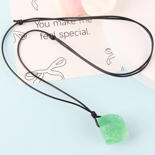 Natural Raw Crystal Necklace for Women Irregular Stone Necklaces Spiritual Gemstone Pendant with Adjustable Rope - color: A-Green Fluorite