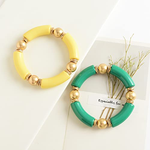 LALAPPLE Gold Plated Beaded Acrylic Bamboo Tube Bangle Bracelets for Women, Colorful Chunky Curved Tube With Gold Plated Pieces Beads Stretch Bracelet Friendship Summer Beach Jewelry - color: V-Grass green&Straw yellow 2pcs