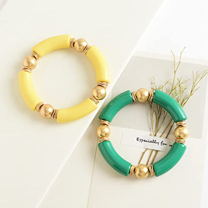 LALAPPLE Gold Plated Beaded Acrylic Bamboo Tube Bangle Bracelets for Women, Colorful Chunky Curved Tube With Gold Plated Pieces Beads Stretch Bracelet Friendship Summer Beach Jewelry - color: V-Grass green&Straw yellow 2pcs