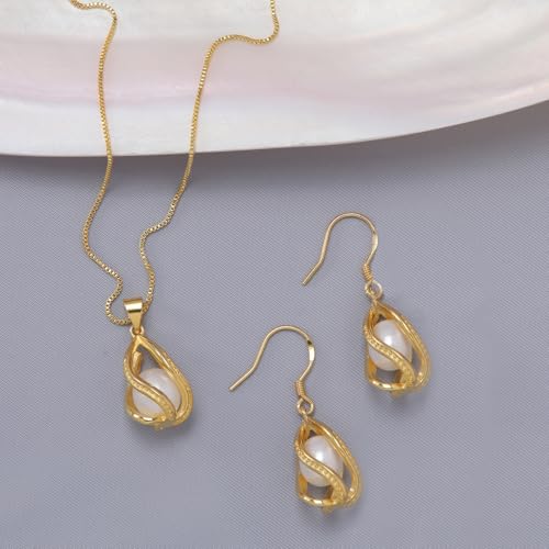Pearl Jewelry Set For Women S925 Sterling Silver/14K Gold Plated Necklace & Earrings Set Freshwater Pearl Pendant Cage Set for Wedding Anniversary Prom Birthday Gift - color: Golden-White
