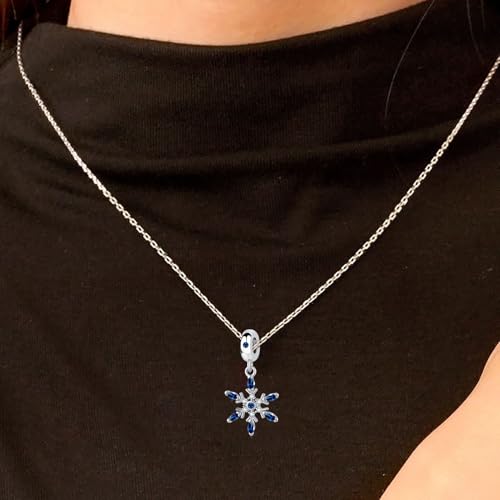 Snowflake Dangle Charm Birthstone Bead Compatible with Pandora Bracelet Women Christmas Gift - color: Deep Bule