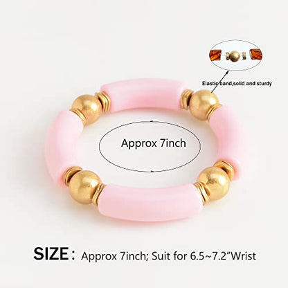 LALAPPLE Gold Plated Beaded Acrylic Bamboo Tube Bangle Bracelets for Women, Colorful Chunky Curved Tube With Gold Plated Pieces Beads Stretch Bracelet Friendship Summer Beach Jewelry - color: L-Pink