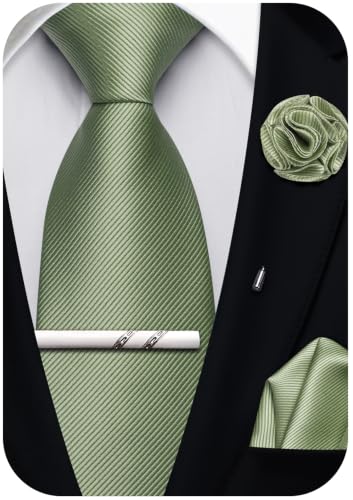 Solid Color Tie and Pocket Square with Tie Clip Lapel Pin Silk Formal Necktie Set Wedding Formal - color: Sage Green