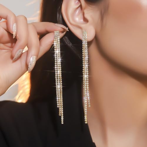 Sparkly Rhinestone Long Tassel Dangle Earrings Crystal Chandelier Dangle Drop Earrings Wedding Party Prom Earrings Jewelry for Women Gifts - color: Gold