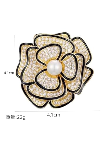 Elegant Floral Brooch Pins for Women, Crystal Pearl Rhinestone CZ Flower Lapel Pin Wedding Party Exquisite Brooches and Pins for Women Ladies - color: Gold+Black