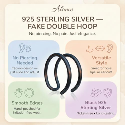 Fake Double Hoop Helix Piercing Ear Cuff - 14K Gold Filled, 925 Sterling Silver, Black Silver Ear Cuffs - Faux Helix Hoop Earring - Clip On Fake Piercing Jewelry - Ear Cuffs Non Piercing - color: Black Silver