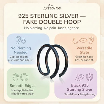 Fake Double Hoop Helix Piercing Ear Cuff - 14K Gold Filled, 925 Sterling Silver, Black Silver Ear Cuffs - Faux Helix Hoop Earring - Clip On Fake Piercing Jewelry - Ear Cuffs Non Piercing - color: Black Silver