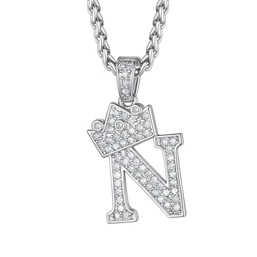 Richsteel Silver Crown Initial A-Z Letter Pendant Necklace for Men Women | Cubic Zirconia Monogram, 316L Steel Chain, 22" + 2" Extender,Hypoallergenic,Gift Box, Hip Hop Jewelry - style: N